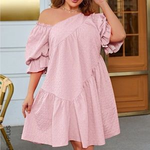 Plus size asymmetrical neck ruffle hem dress
